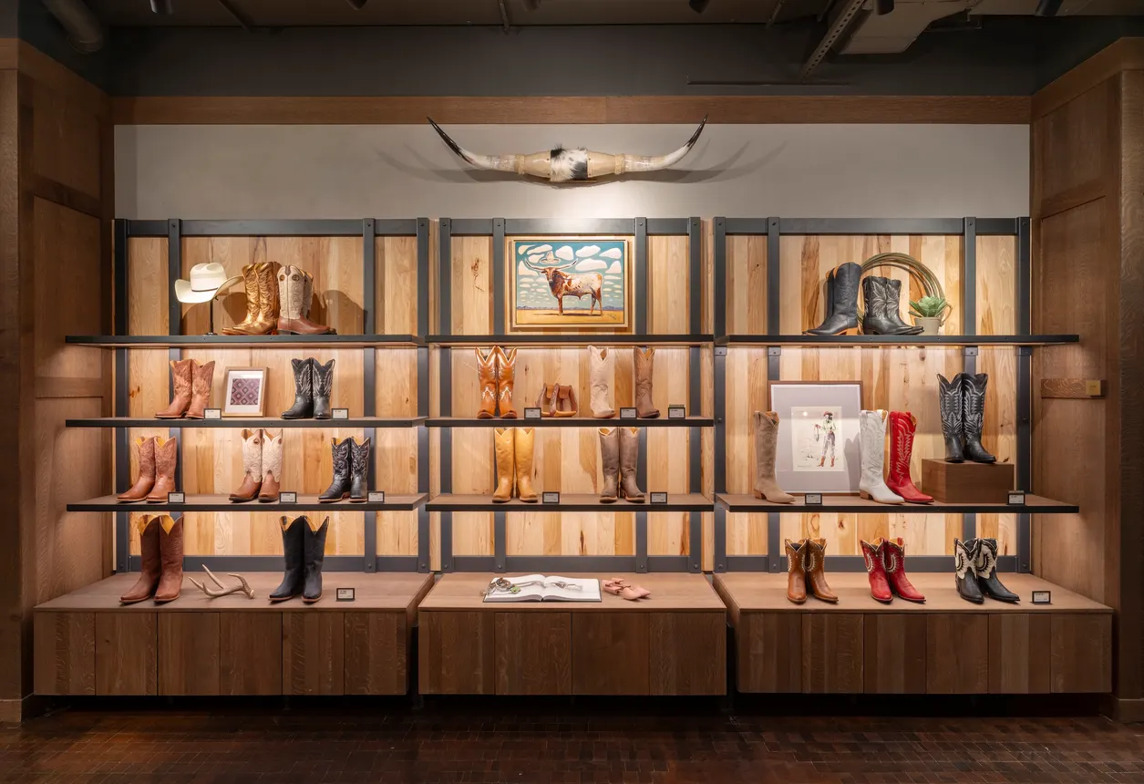 A boot display in Tecovas' SoHo flagship in New York City