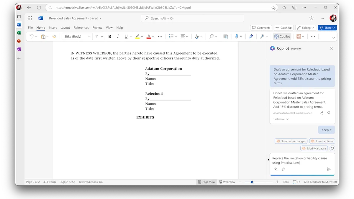 A screenshot of a user utilizing Thomson Reuters' Practical Law tool within Microsoft 365 Copilot's version of Microsoft Word.