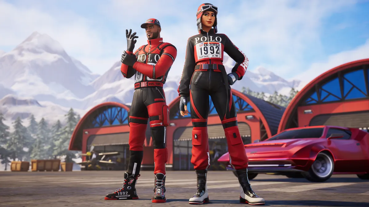 Two Fortnite avatars stand in front of a mountainous landscape in Ralph Lauren-branded clothing.