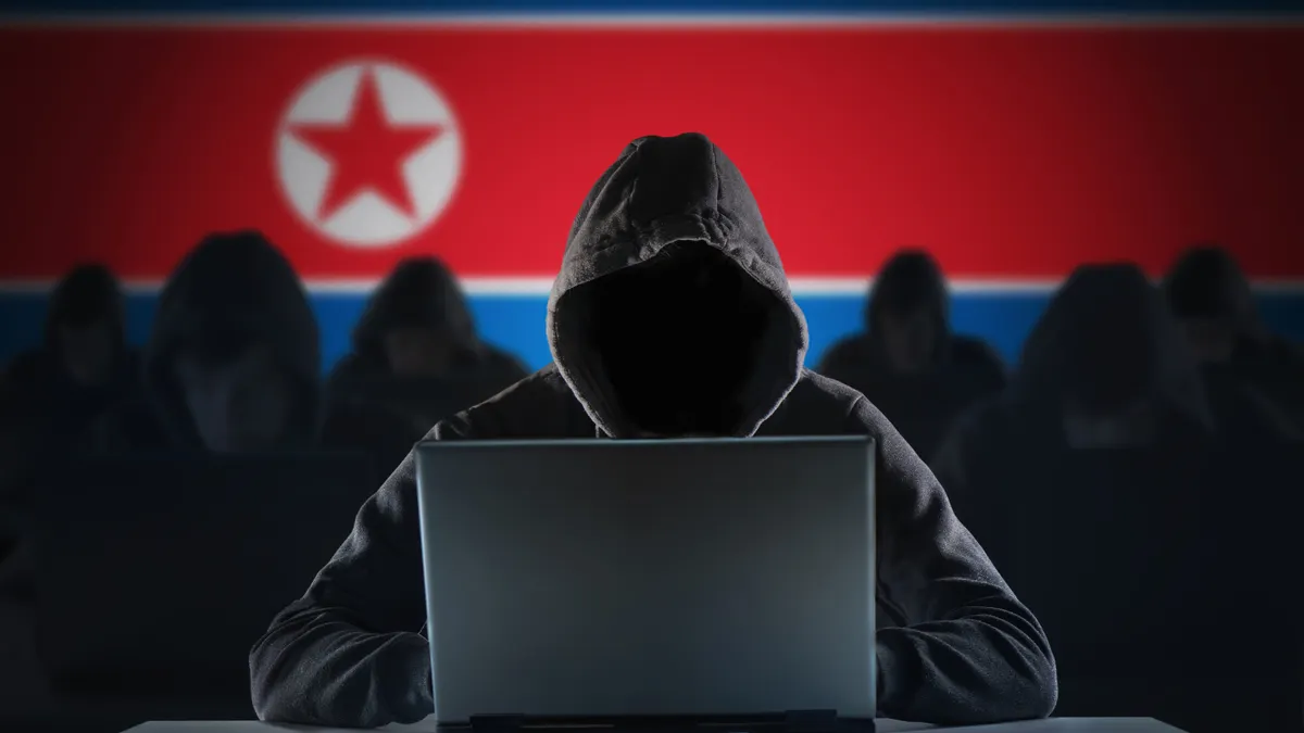 A person wearing a hoodie sits at a computer in front of a North Korean flag