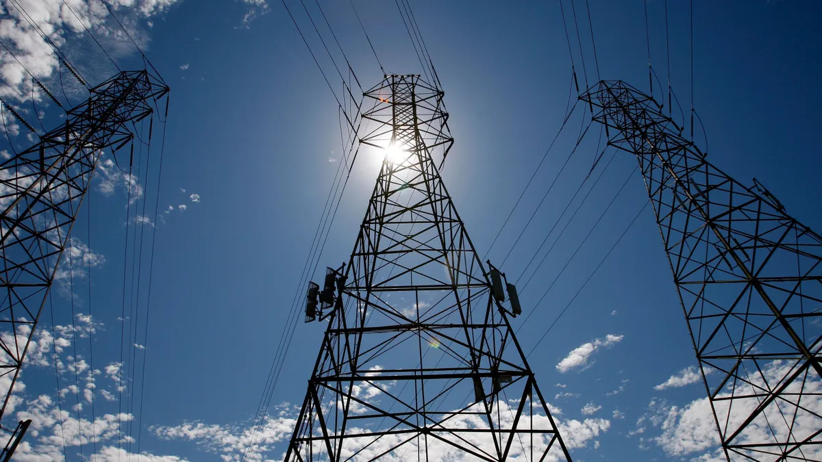 Three towers carrying electrical lines in San Francisco, California.