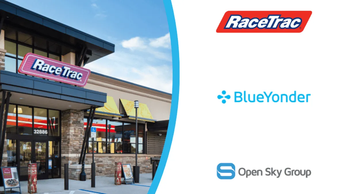 A graphic showing a RaceTrac convenience store as well as the logos for RaceTrac, Blue Yonder and Open Sky Group.