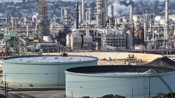 Aerial view of the Chevron EL Segundo refinery on April 8, 2026 as seen from above Manhattan Beach, California