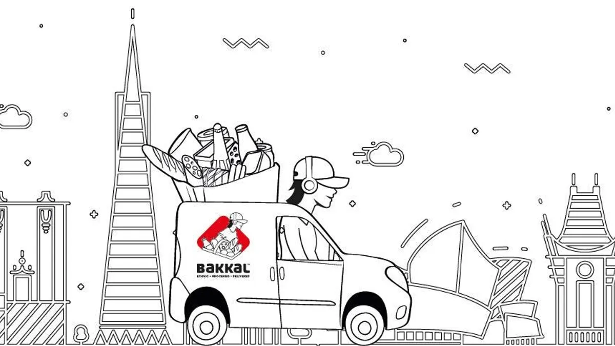 Illustration of a grocery delivery van with Bakkal's red logo on the side in front of different styles of buildings.