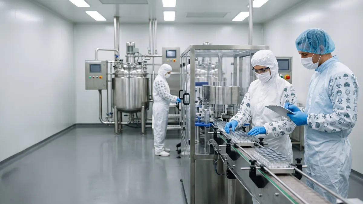 Two workers in sterile cleanroom suits inspect small glass vials moving along an automated pharmaceutical manufacturing conveyor belt.
