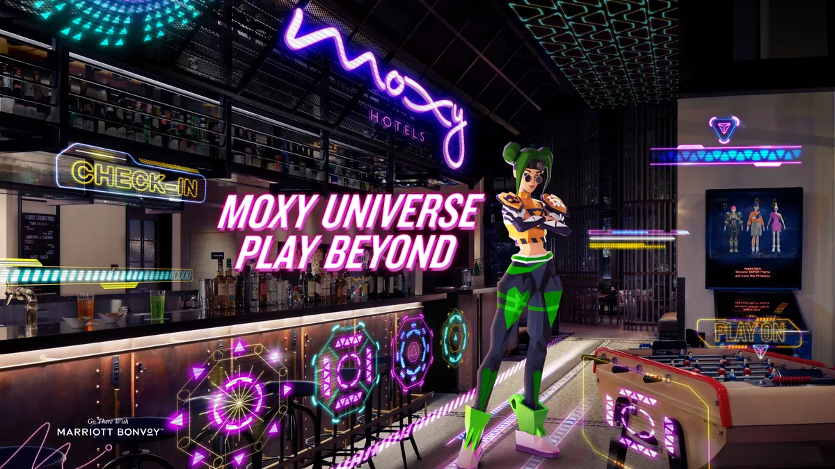 A digital gaming avatar is overlaid into one of Moxy Hotel's bars to promote a new augmented reality experience.