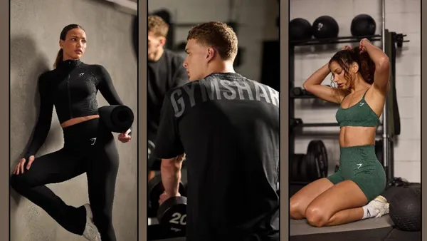 A collage of three people wearing Gymshark products available at Dick's Sporting Goods