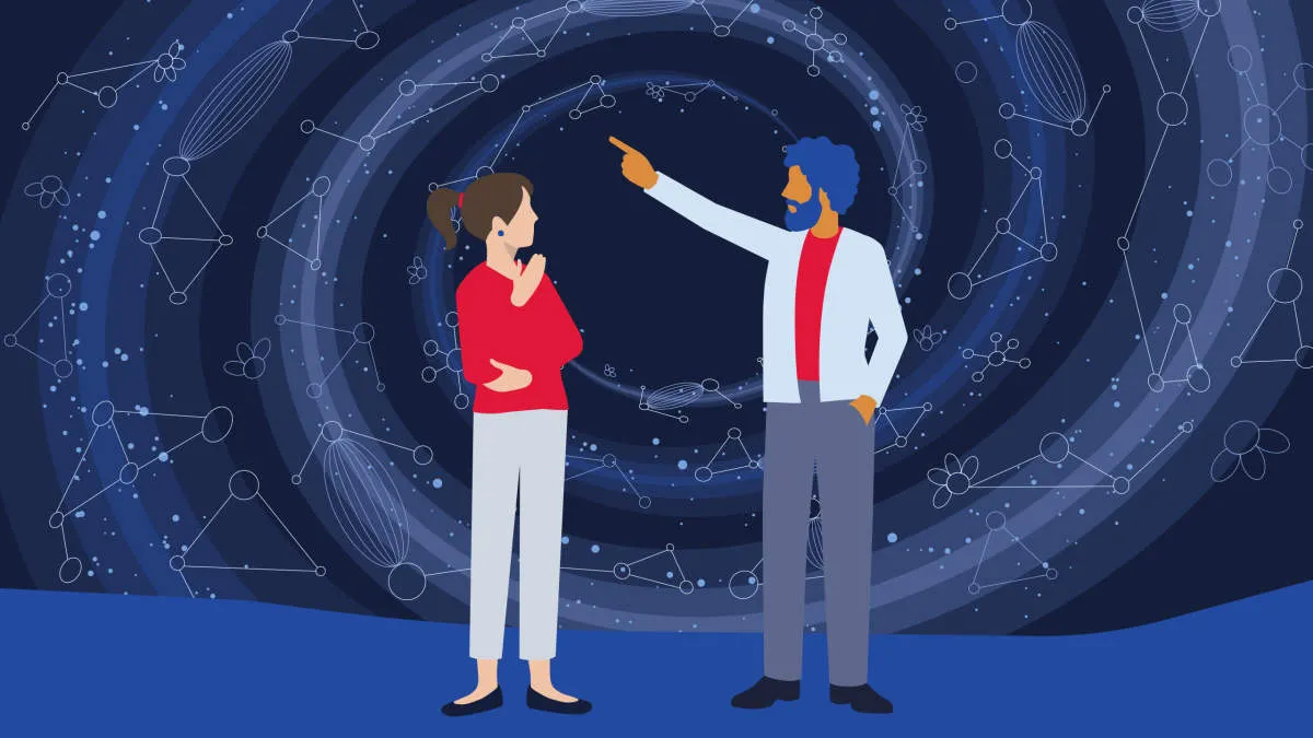 Illustration of doctor and patient discussing scientific biomedical shapes.