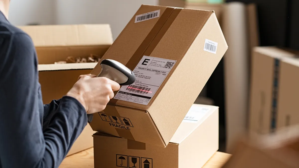 Worker scanning barcode of cardboard packages before delivery at storage.