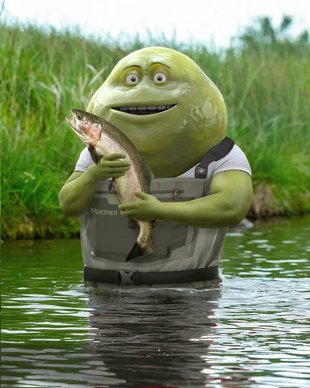 Mr. Mucus holds a fish while fishing in a river