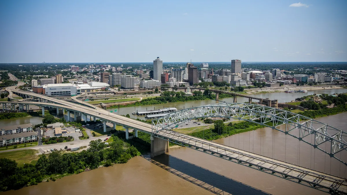 An aerial shot of downtown Memphis, Tennessee.