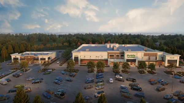 Rendering of the exterior of a Publix supermarket with a parking lot in front