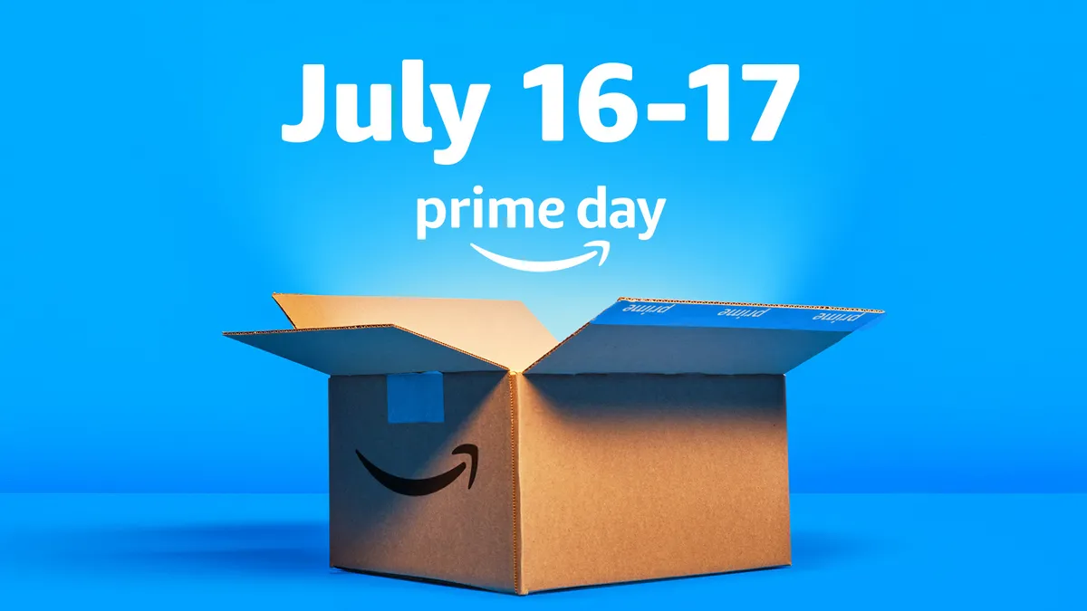 A cardboard box against a blue background, with the dates July 16-17 and the words "Prime Day" hovering over it.