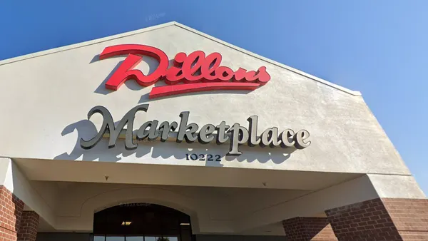 Exterior of a supermarket with the words "Dillons Marketplace" above the entrance.