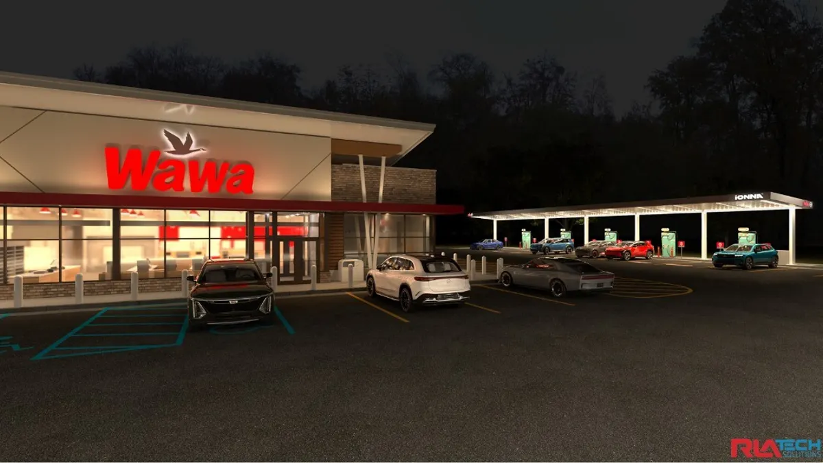 A rendering of a convenience store with an array of EV chargers alongside. A sign over the door of the store says Wawa, while a sign on the canopy over the EV chargers says "Ionna."