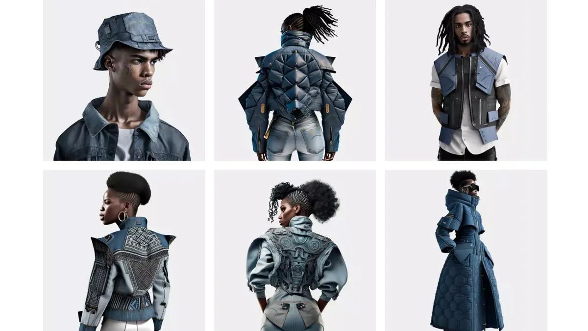 Six models wear AI-generated denim designs