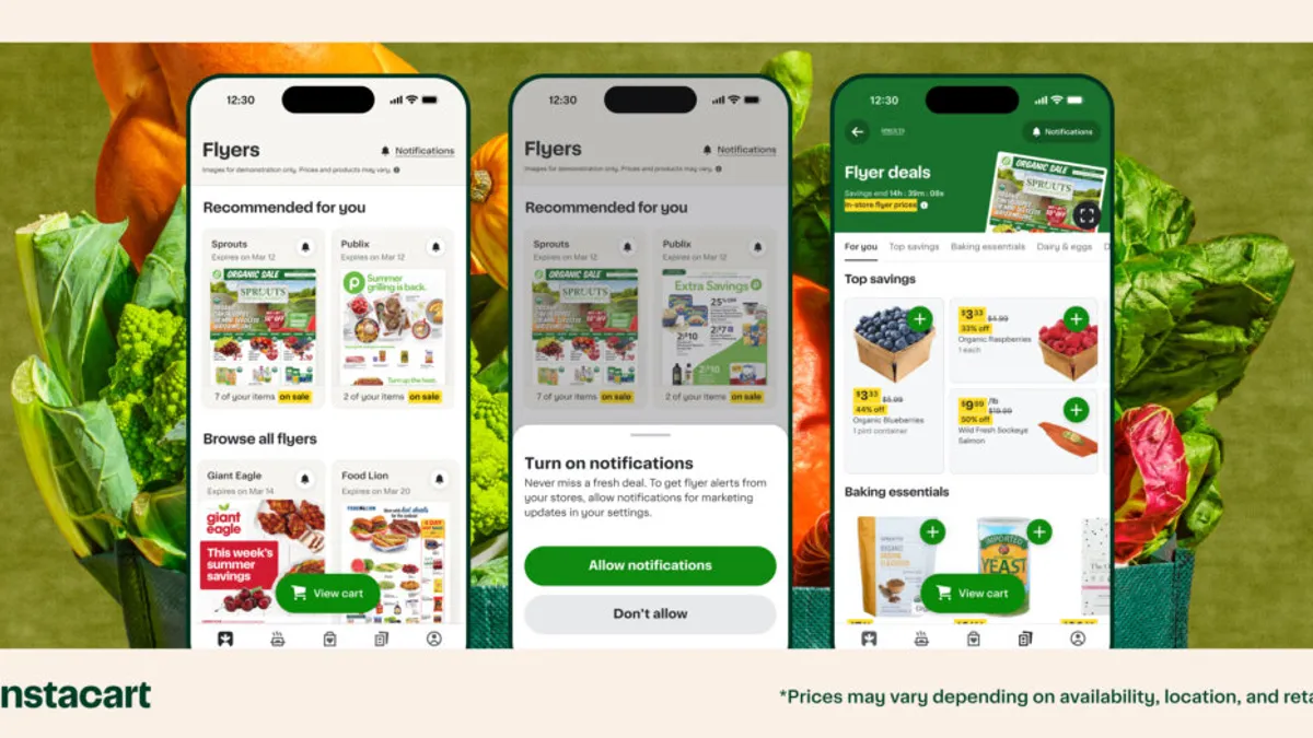 Three images of apps showing digital grocery circulars.