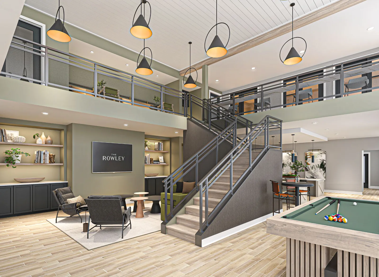 A two-story clubhouse with a billiards table.