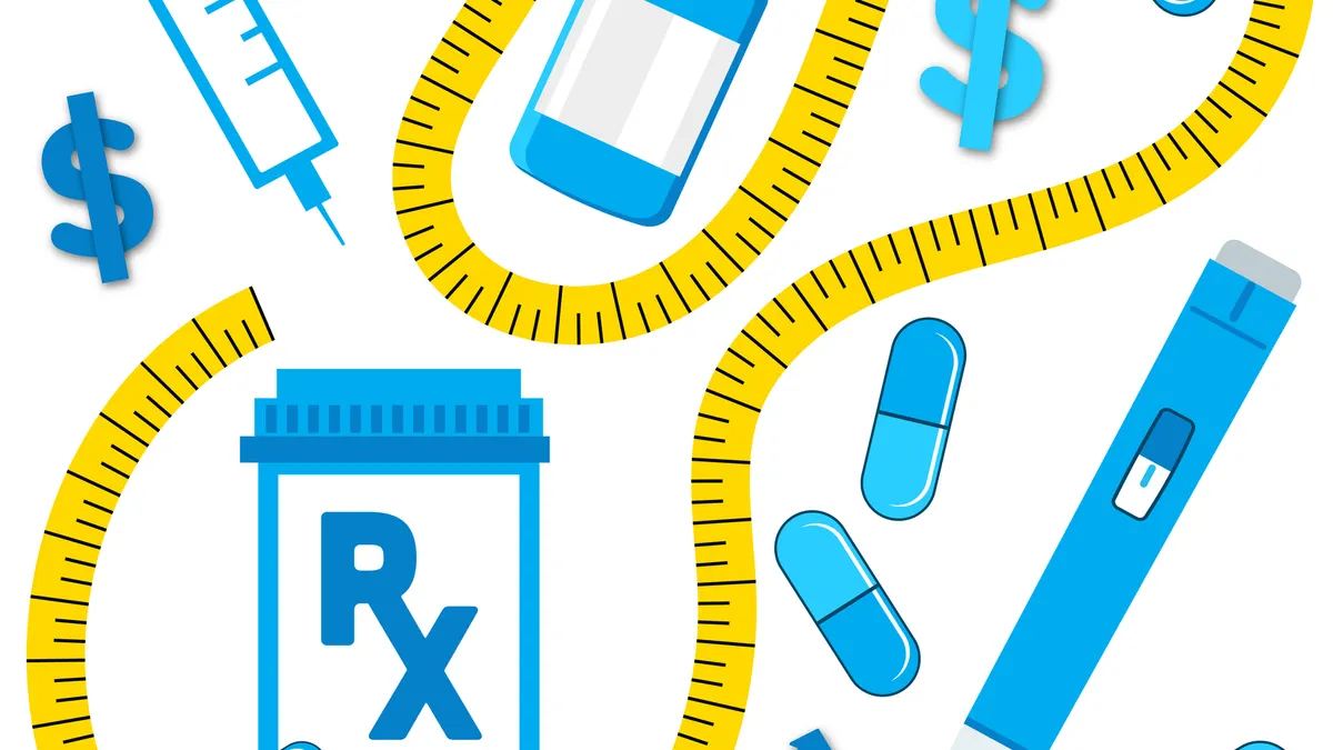 Illustration of GLP-1 weight loss drugs with an injection pen, vial, syringe and cost and weight-management icons.