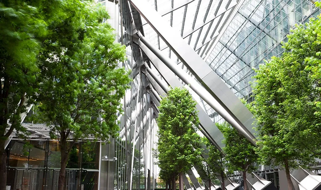 Trees and Office Buildings in a city walkway.