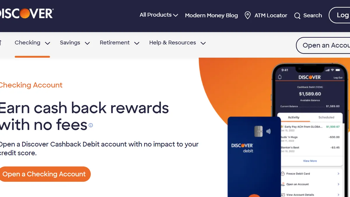 Screenshot of Discover's website advertising checking account