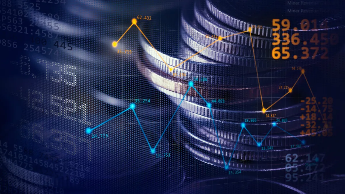 Double exposure image of coin stacks on technology financial graph background.Economy trends background for business ,financial meltdown ,Cryptocurrency digital economy.