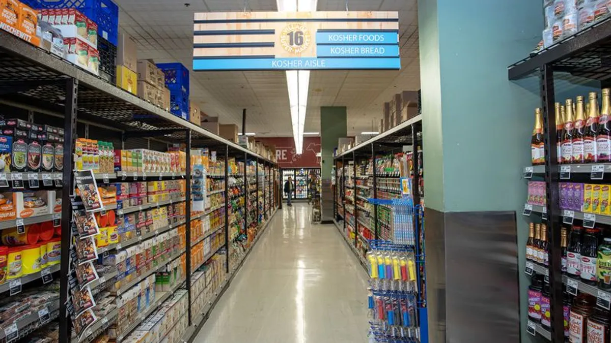 An aisle with kosher food in a grocery store
