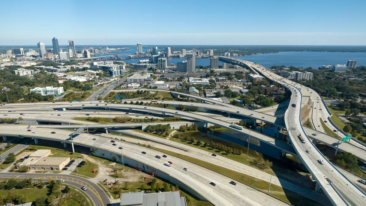 Aerial view of Jacksonville, Florida, with an elaborate highway interchange intersection showing