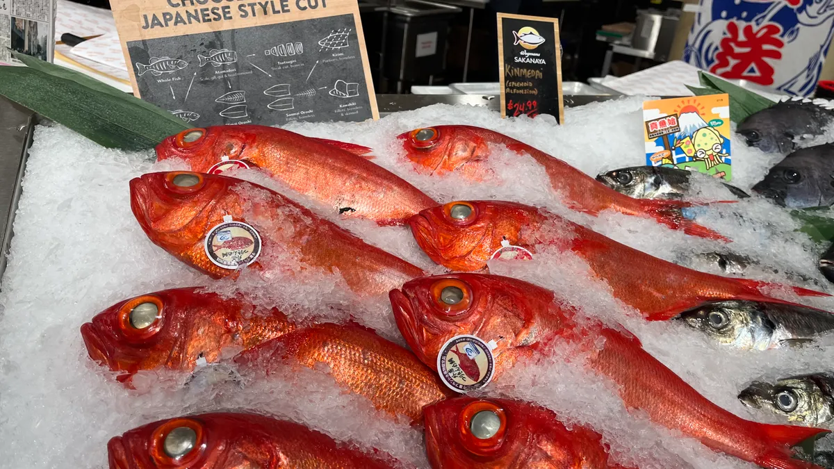 Close-up of fish on ice at a grocery store.