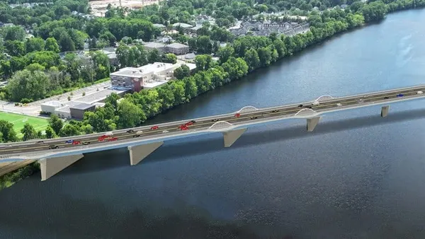 A rendering of a vehicle bridge over a river.