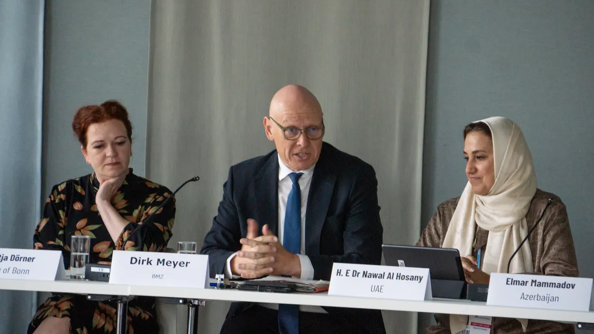 Participants at a recent roundtable on multilevel climate action and CHAMP during Daring Cities 2024: (left to right) Katja Dörner, Mayor of Bonn, Germany, and chair of the Climate Action Governance Portfolio for the ICLEI Global Executive Committee; Dirk Meyer, representative of the Federal Ministry for Economic Cooperation and Development for Germany; and H. E Dr Nawal Al Hosany, UAE.