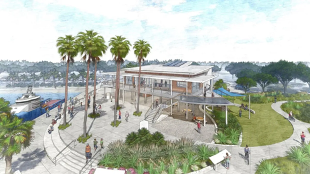 An artist's depiction shows the design of a new two story visitor center near the water in the Everglades.