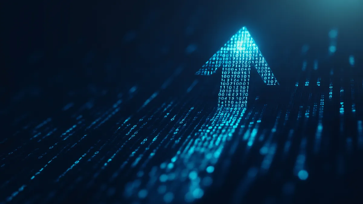 Glowing blue arrow made of digital particles moving forward.