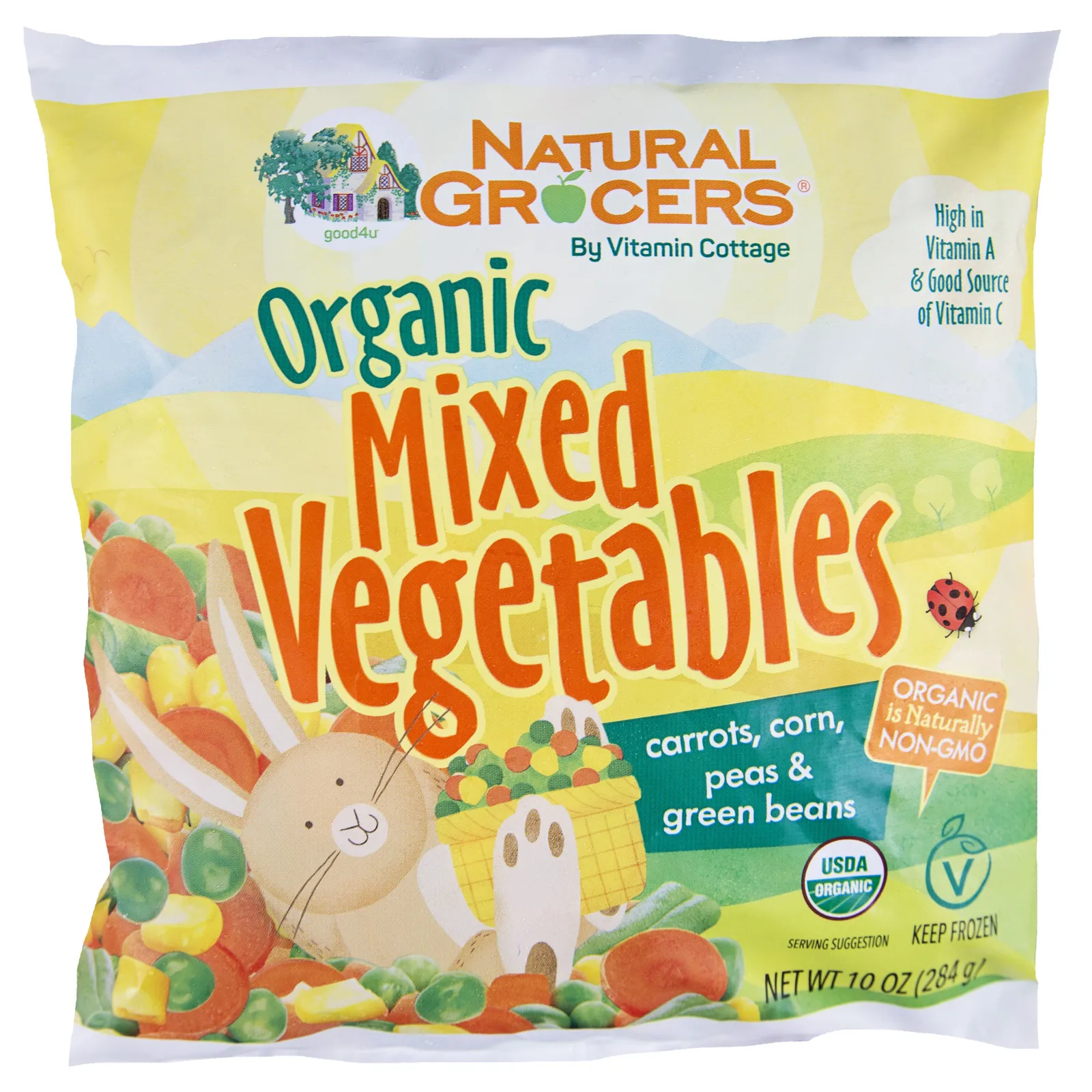 Natural Grocers&#x27; private label frozen vegetable product with a cartoon bunny on the package