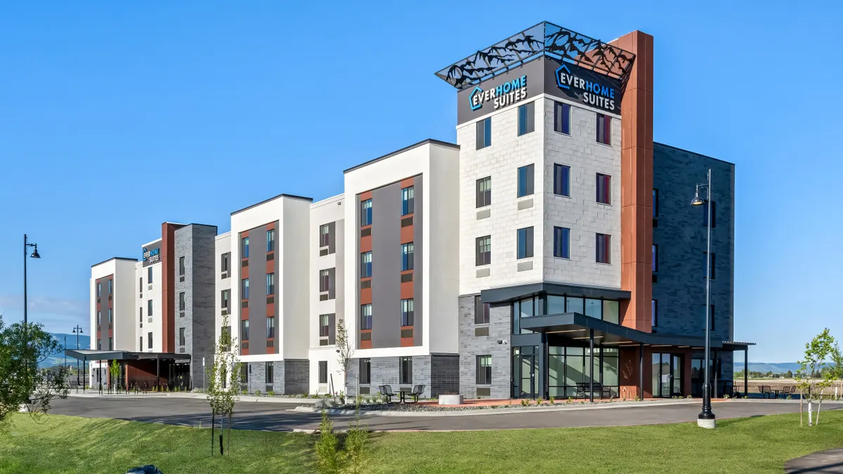 The exterior of an Everhome Suites hotel in Bozeman, Montana.