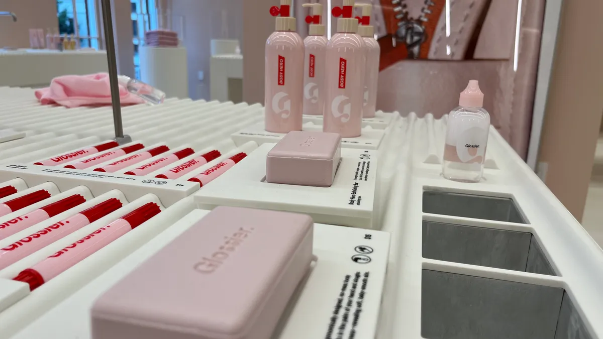 A close-up of a display of Glossier products at the brand's Washington, D.C. store.