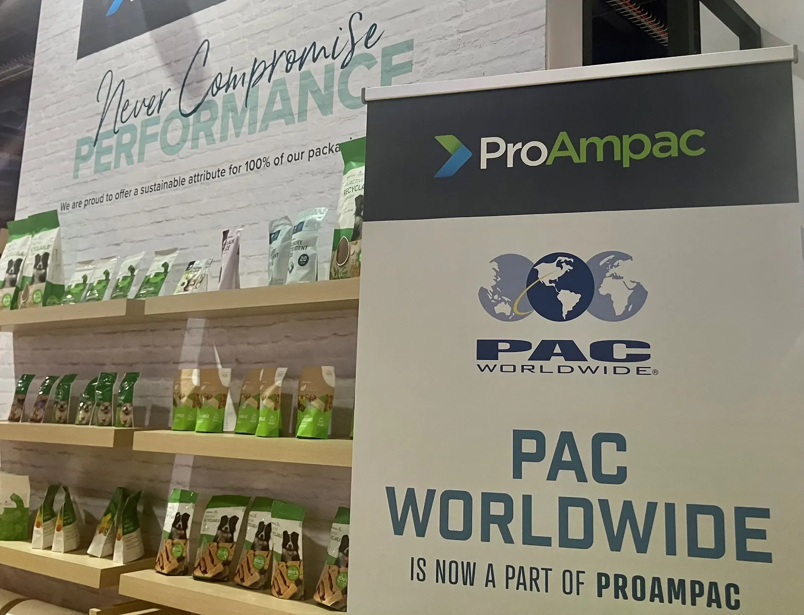 A ProAmpac/PAC Worldwide sign and packaging at Pack Expo Las Vegas 2025.