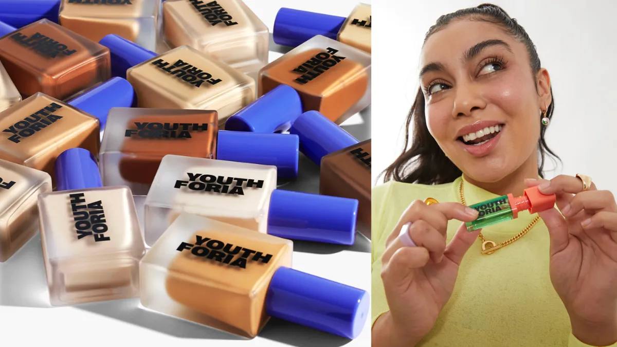 Model showing Youthforia lip makeup product and a display of clear and blue foundation bottles