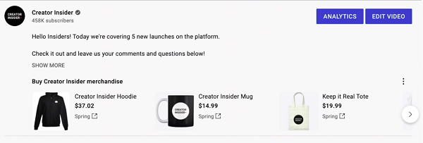 YouTube Merch Shelf