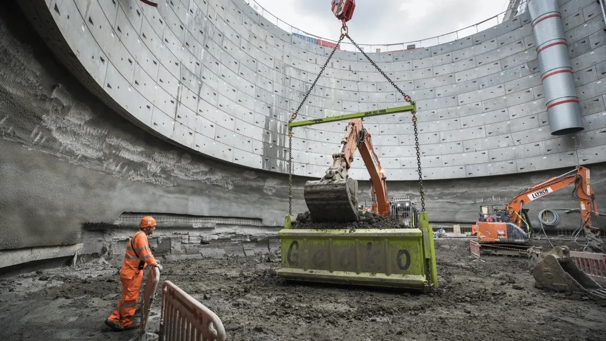 Workers excavate a vent shaft on the HS2 high-speed rail project in the United Kingdom.