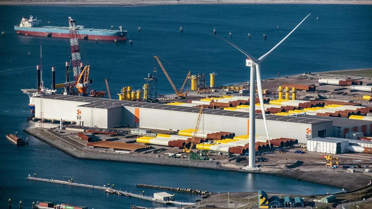 Aerial view of GE’s Haliade-X offshore wind turbine at a staging dock