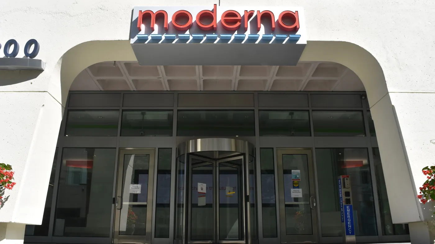 A Moderna logo is displayed on a building in Cambridge, Massachusetts, on Sept. 5, 2024.