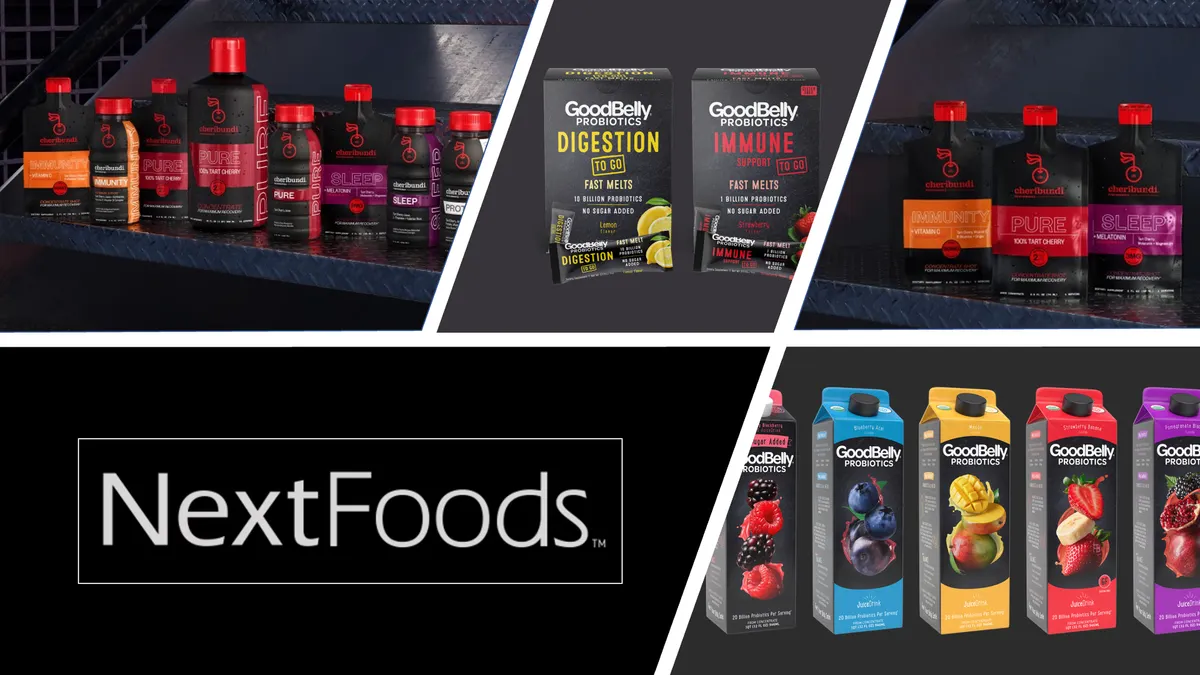 A grid features two images of packages of Cheribundi juices, GoodBelly Fast Melts, GoodBelly juice cartons, and the NextFoods logo