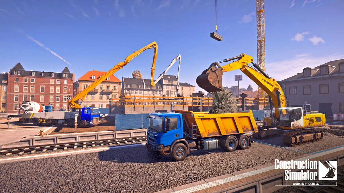 Rendered construction equipment in the video game "Construction Simulator" performs dirt loading and construction work in the foreground.