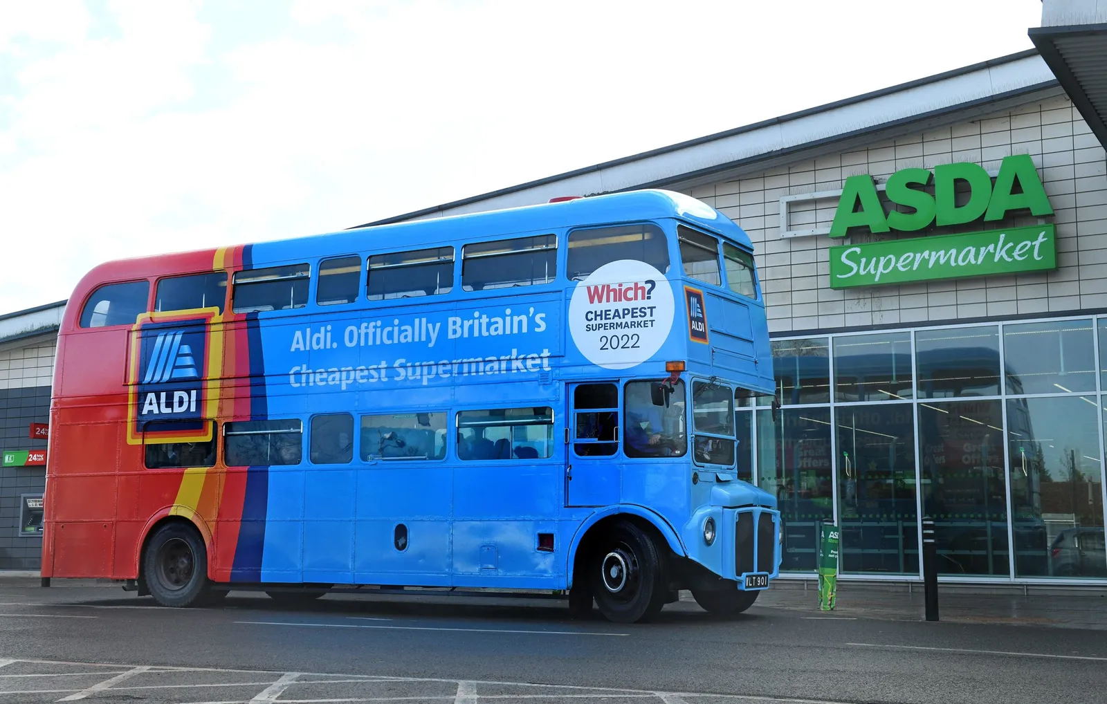 Aldi UK bus outside an Asda store