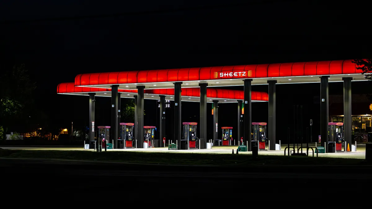 Sheetz gas station pumps at night