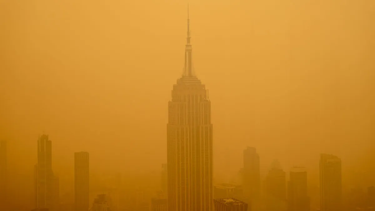 A smoky haze seen in front of the Empire State Building.