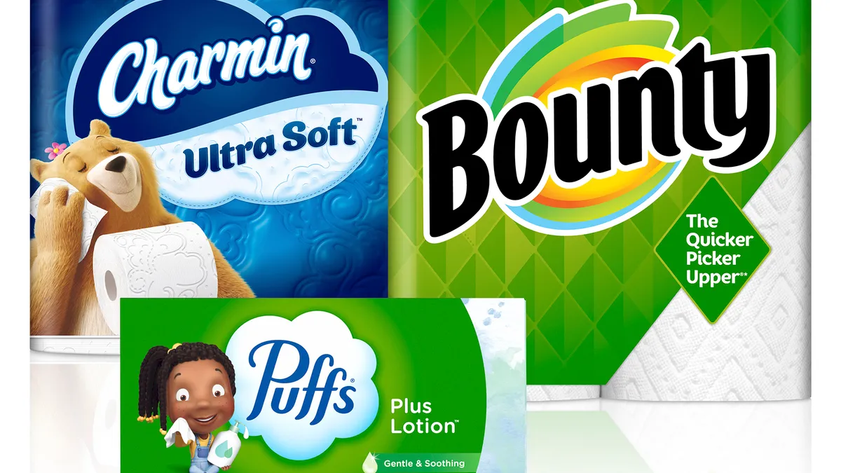 Images of Charmin Ultra Soft toilet paper, Bounty paper towels and Puff's tissue.