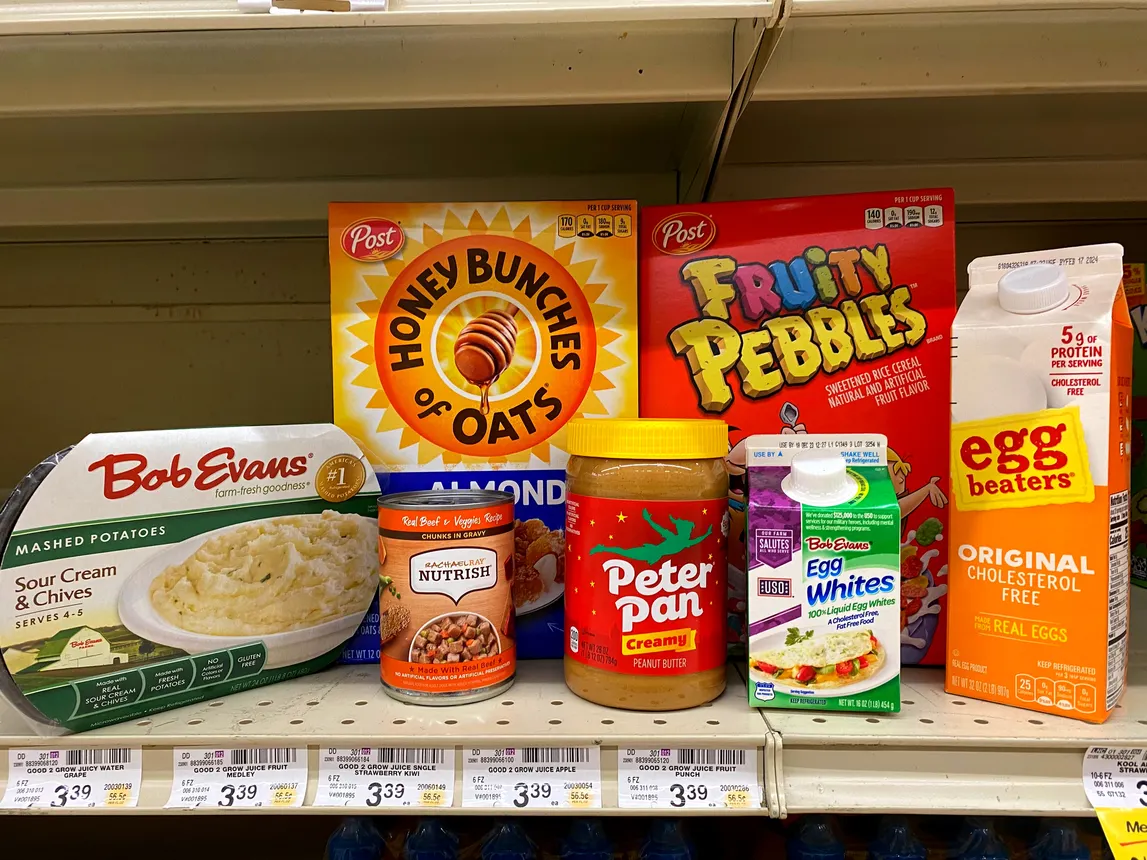 A sample of products sold by Post Holdings including Peter Pan peanut butter and Grape-Nuts cereal.