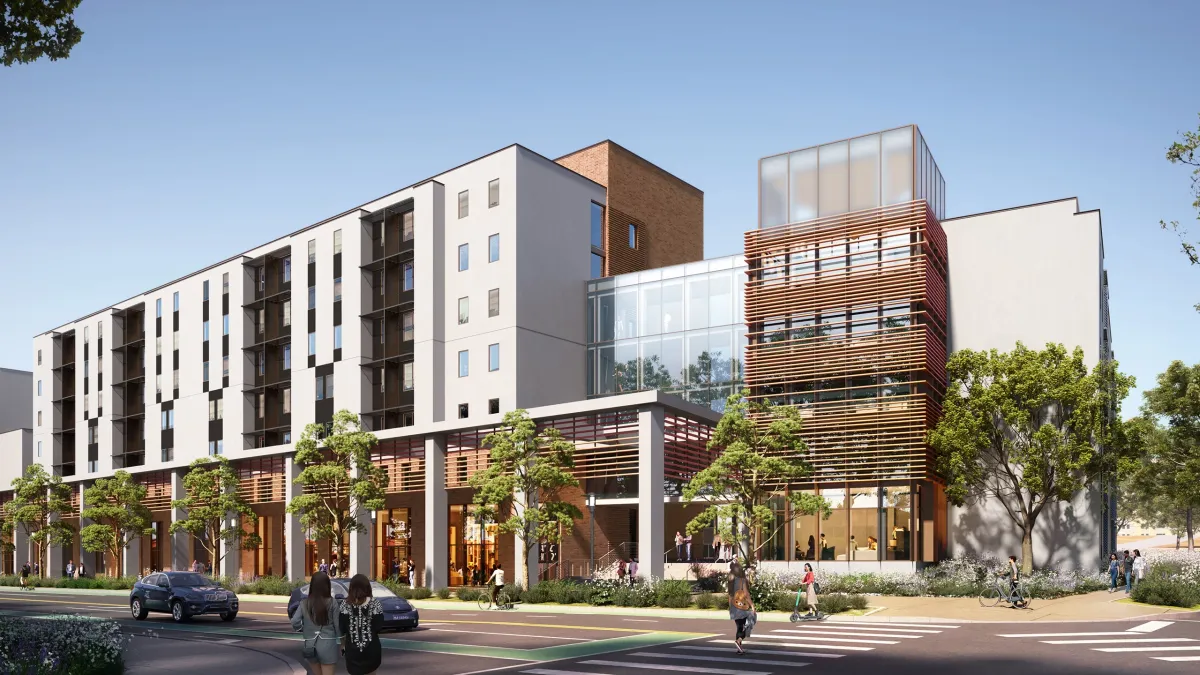 A rendering of a building with columns out front and a light colored stone. Students walk around and cars zip past.